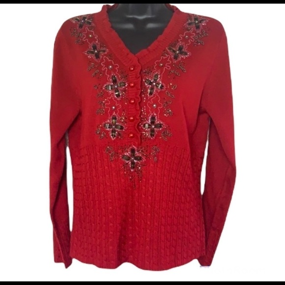 Vintage Sweaters - Vintage🧚‍♀️Hot Red sequinned long sleeve pullover sweater size XL